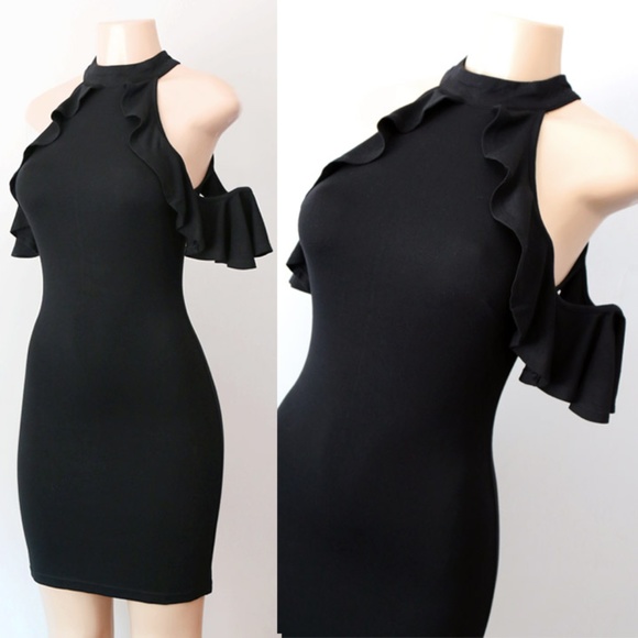 Black Mock Neck Ruffle Cold Shoulder Bodycon Dress - Picture 2 of 8